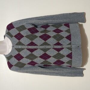 Marconi 100% 2 Ply Cashmere Argyle Cardigan Sweater Grey Size L